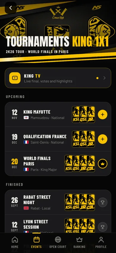 Liste des tournois dans l’application King 1x1