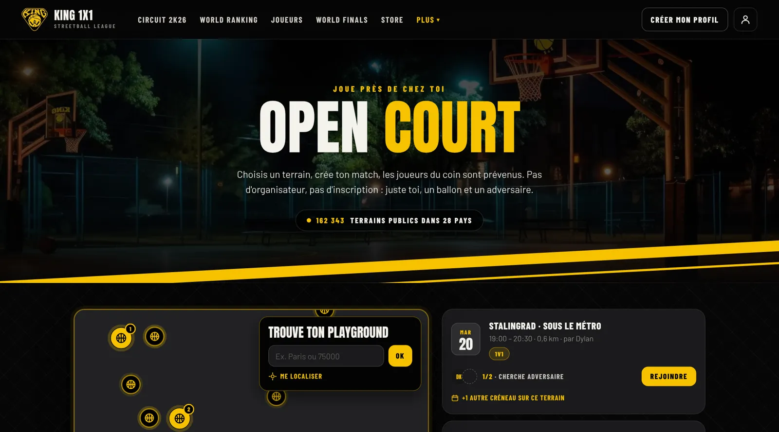 Page Open Court du site King 1x1 : carte des terrains et créneaux de match